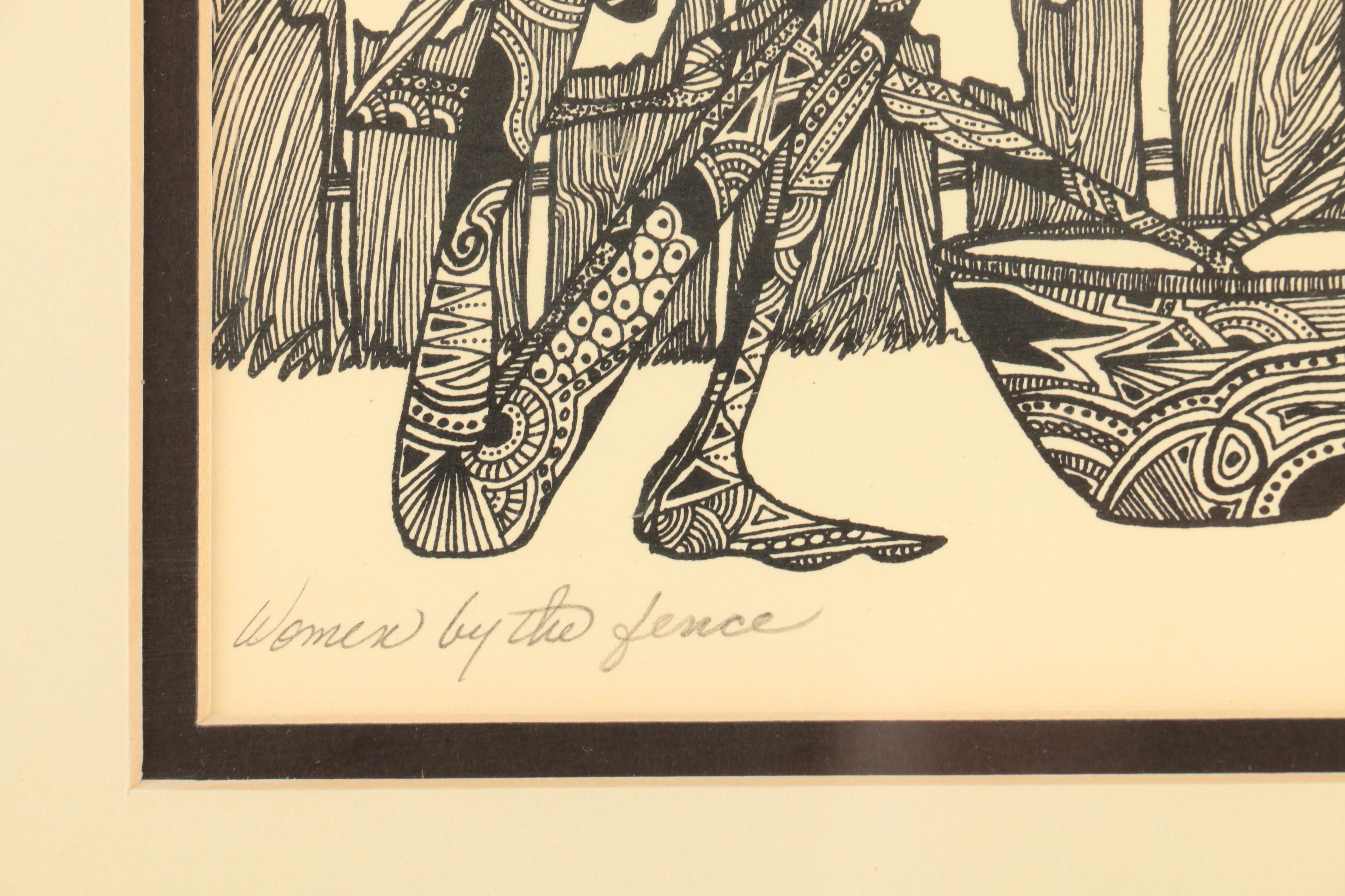 Mel Holston Ink Drawings "Man & Woman" and "Women by the Fence"