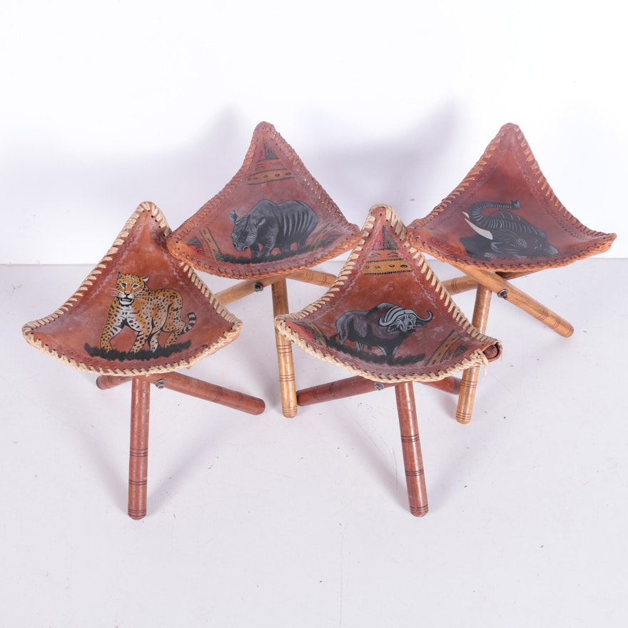 "African Big Five" Leather Triangular Stools, Set of Four