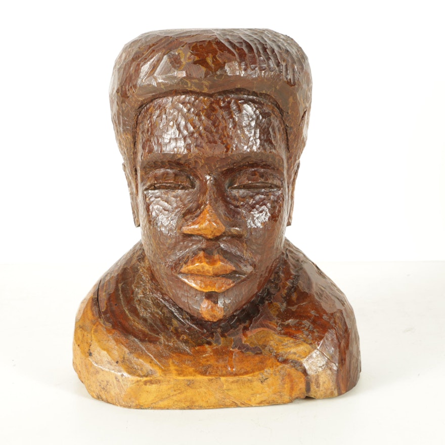 Carved Wood Bust Of Man