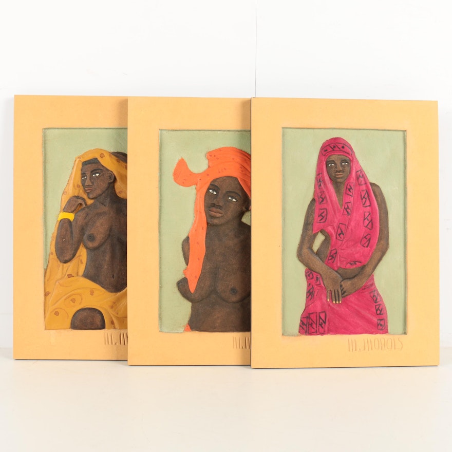 M. Morois Carved and Painted Wood Panels of African Women