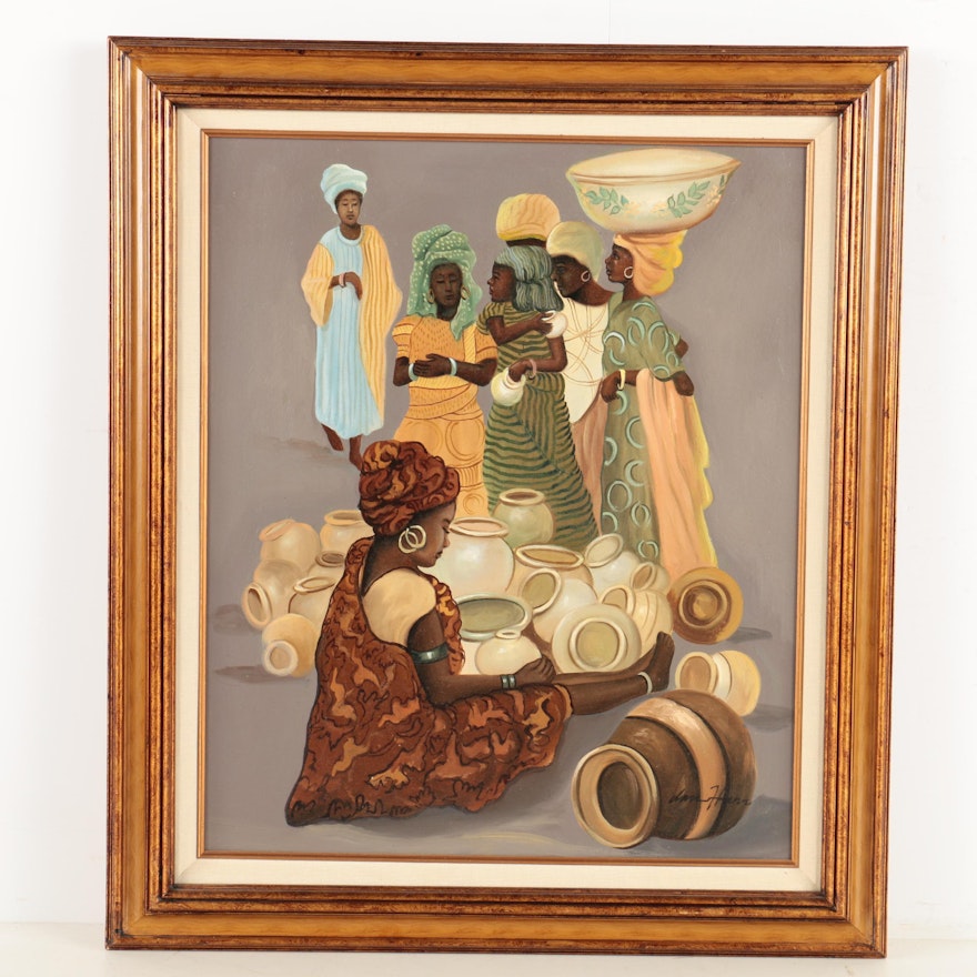 Oil Painting of African Women Gathered Around Clay Pots
