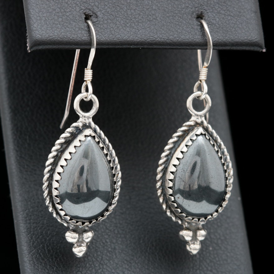 Sterling Silver and Faux Hematite Dangle Earrings