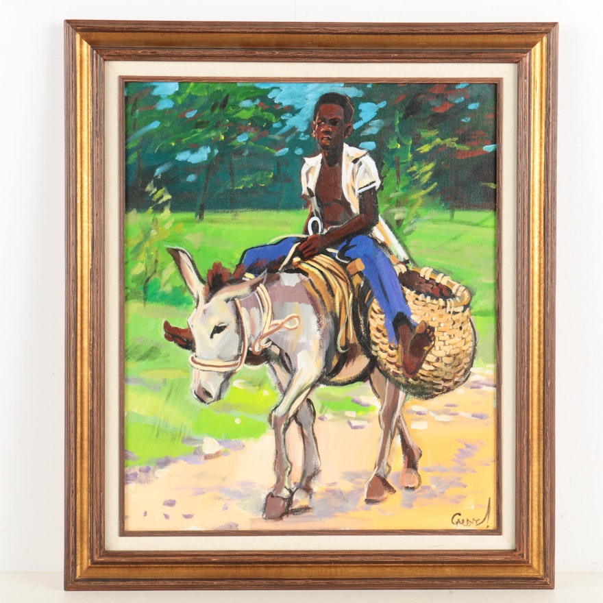 Acrylic Painting on Canvas of Boy Riding Donkey