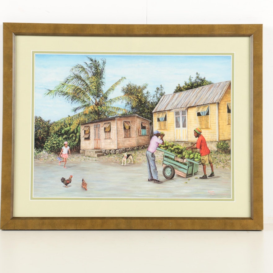 Signed Offset Lithograph on Paper of a Caribbean Domestic Scene