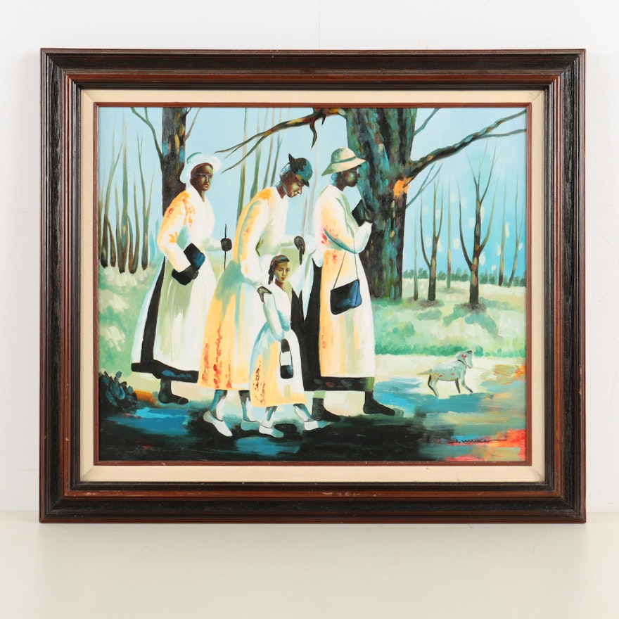 J. Walker Oil Painting on Canvas of Women Walking