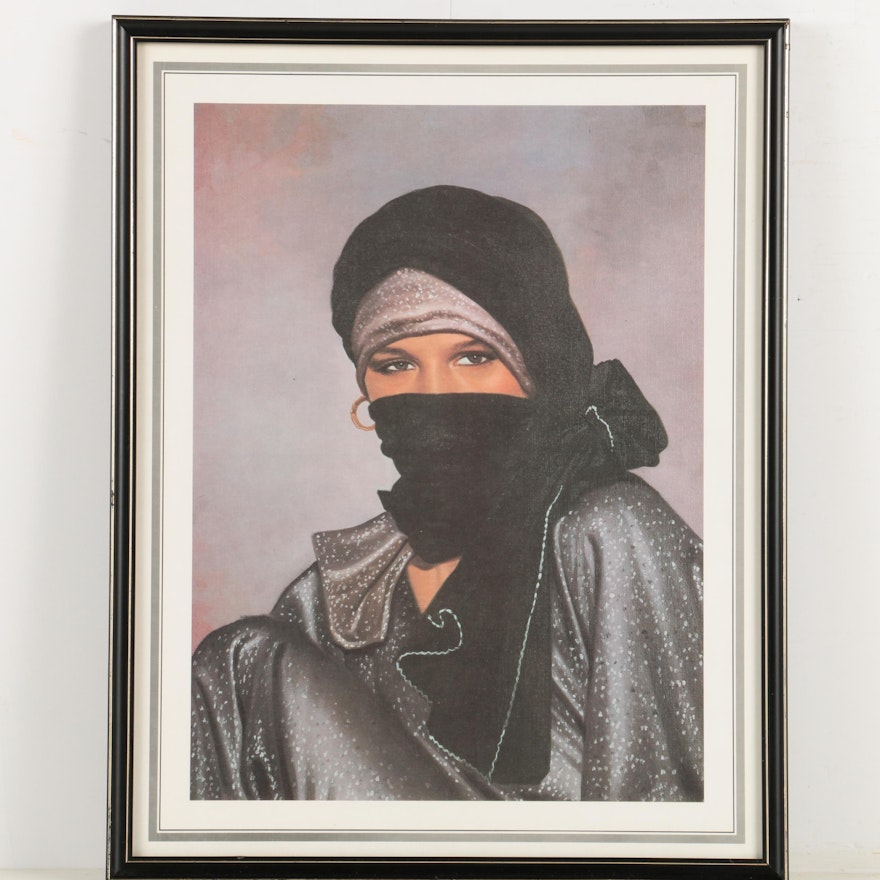 Offset Lithograph on Canvas Board of a Veiled Woman