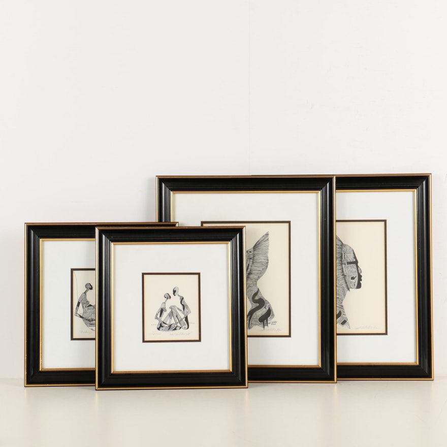 Set of Four Mel Holston 1980s Lithograph Prints on Paper