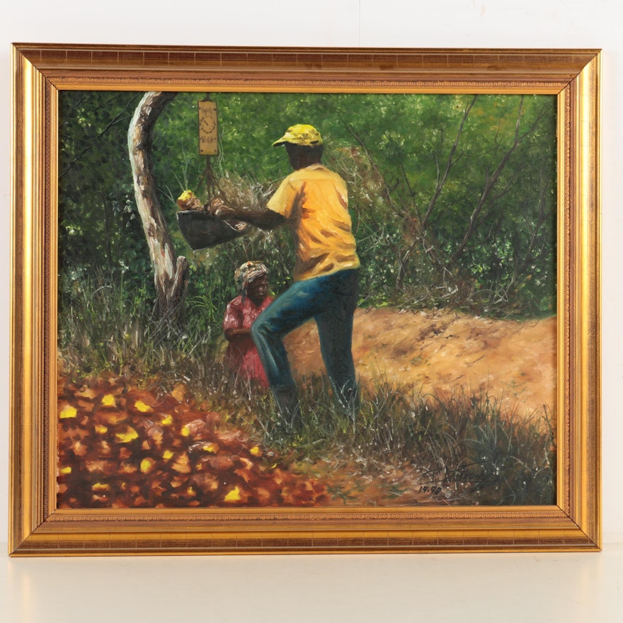 R. Armstrong Oil Painting on Canvas of Workers