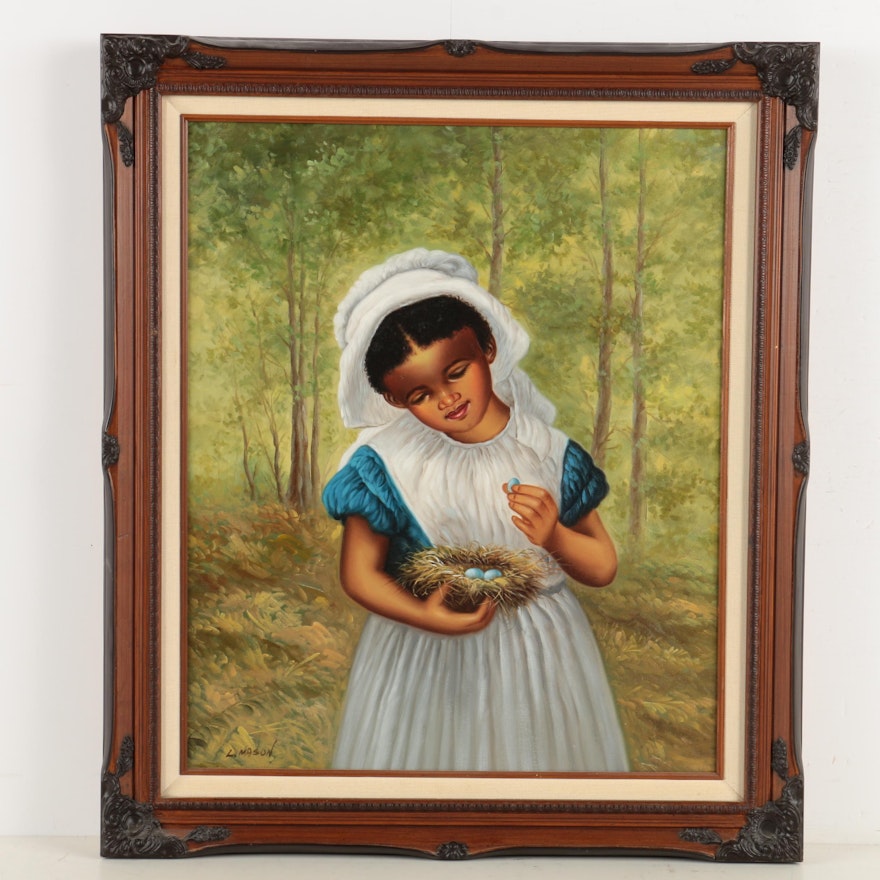 L. Mason Oil Painting of a Little Girl with a Bird's Nest