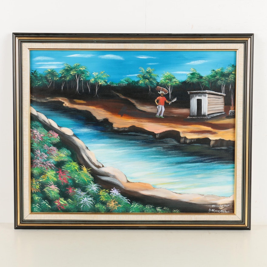 A. A. Nenky 1992 Oil Painting on Canvas of Jamaican Landscape "Man on the River"