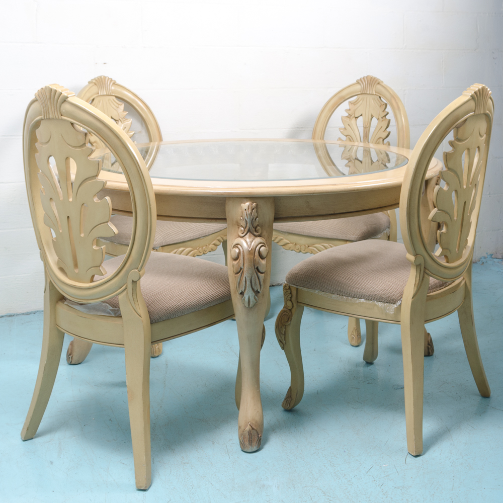 Carved Stylized Queen Anne Style Dining Table and Four Chairs