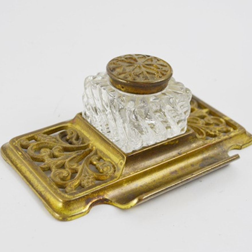 Vintage Glass Inkwell and Brass Tray