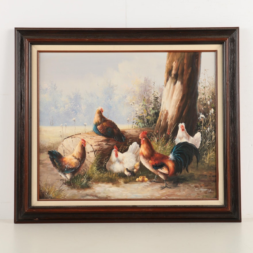 C. Hopping Oil Painting on Canvas of Colorful Chickens in a Country Landscape