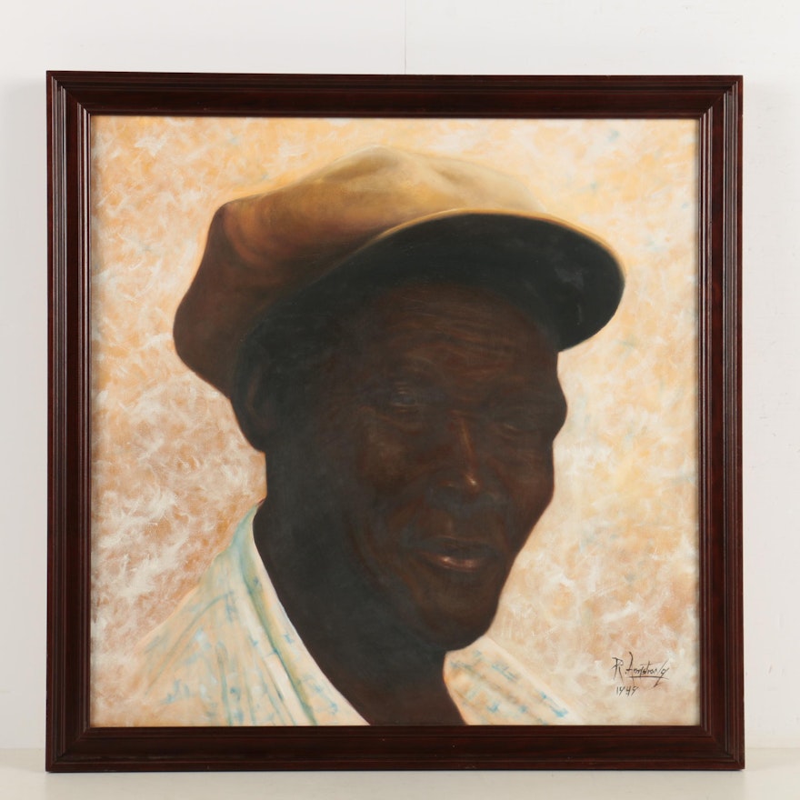 R. Armstrong Oil On Canvas Portrait of a Man in a Tan Hat