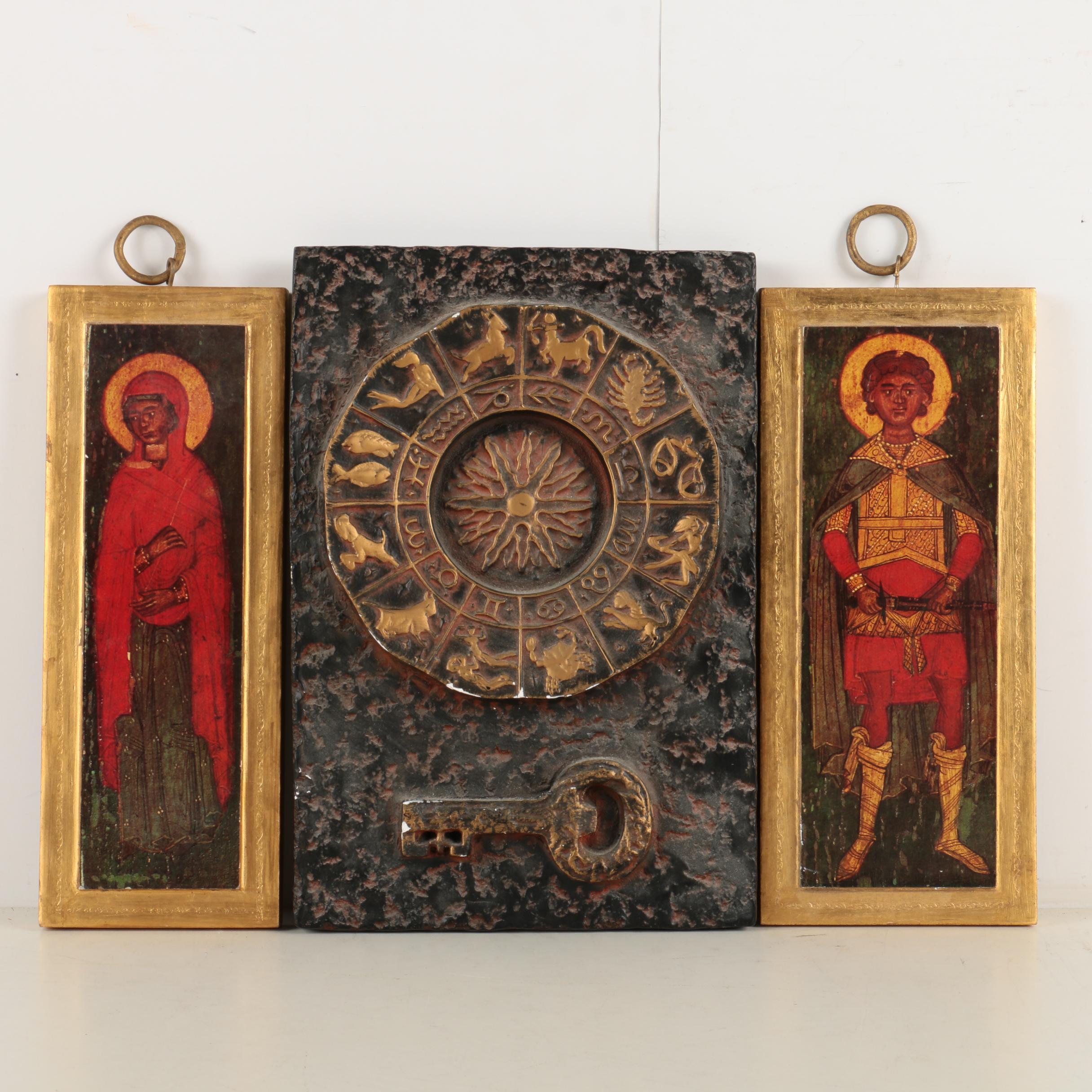 Plaster Astrological Wall Decor and Decorative Icons on Wood