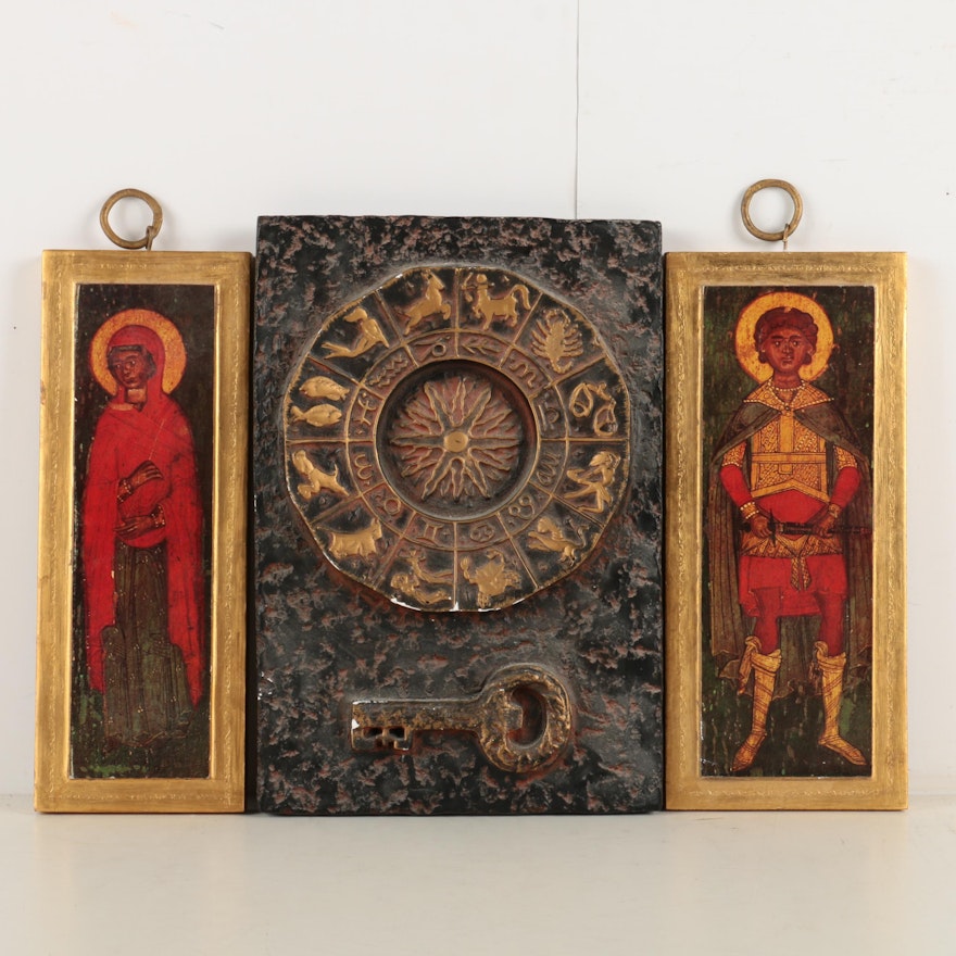 Plaster Astrological Wall Decor and Decorative Icons on Wood