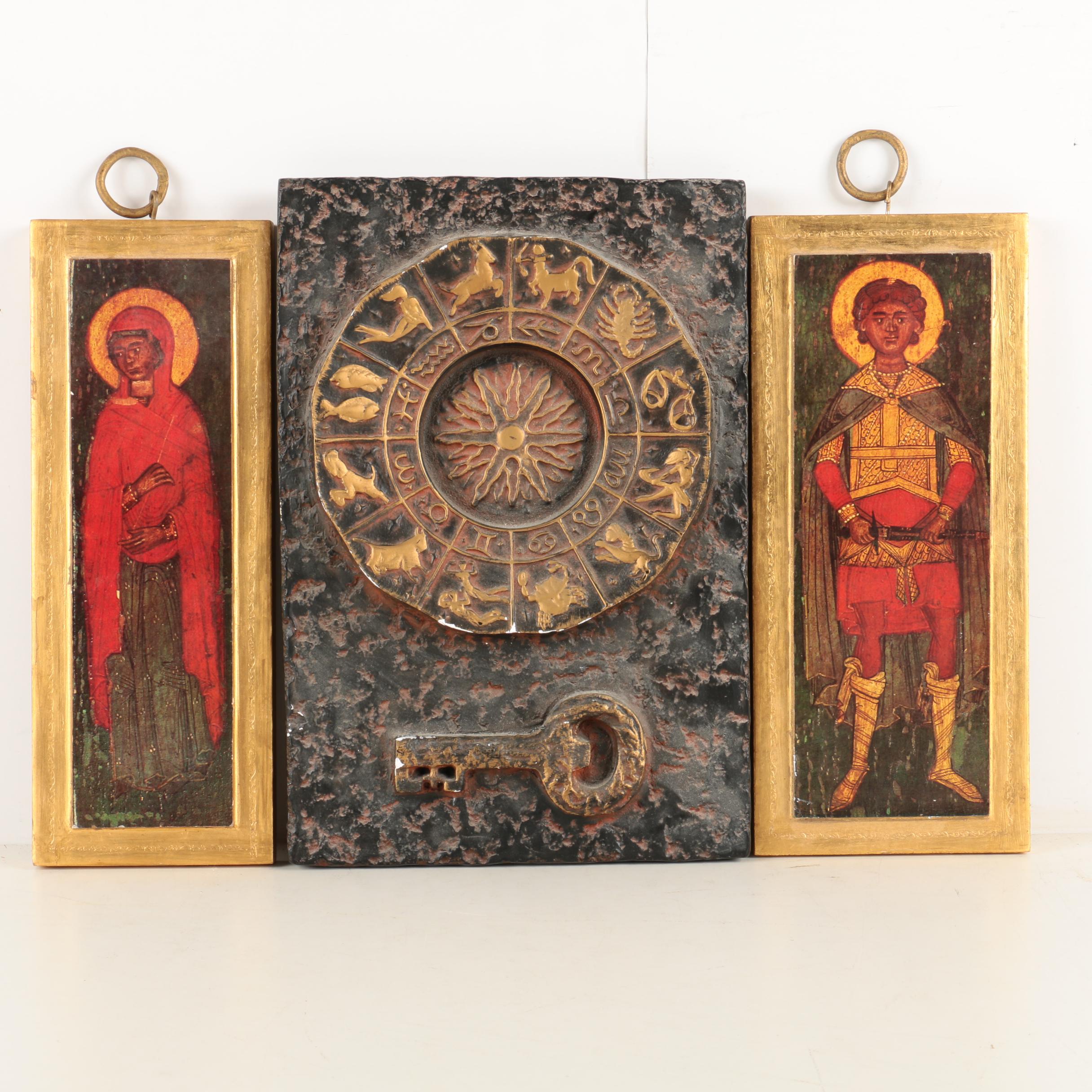 Plaster Astrological Wall Decor and Decorative Icons on Wood