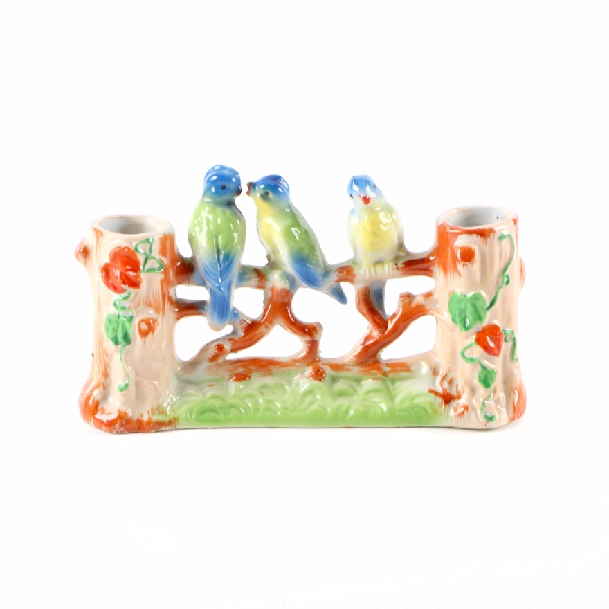 Vintage Japanese Porcelain Songbird Themed Spill Vase