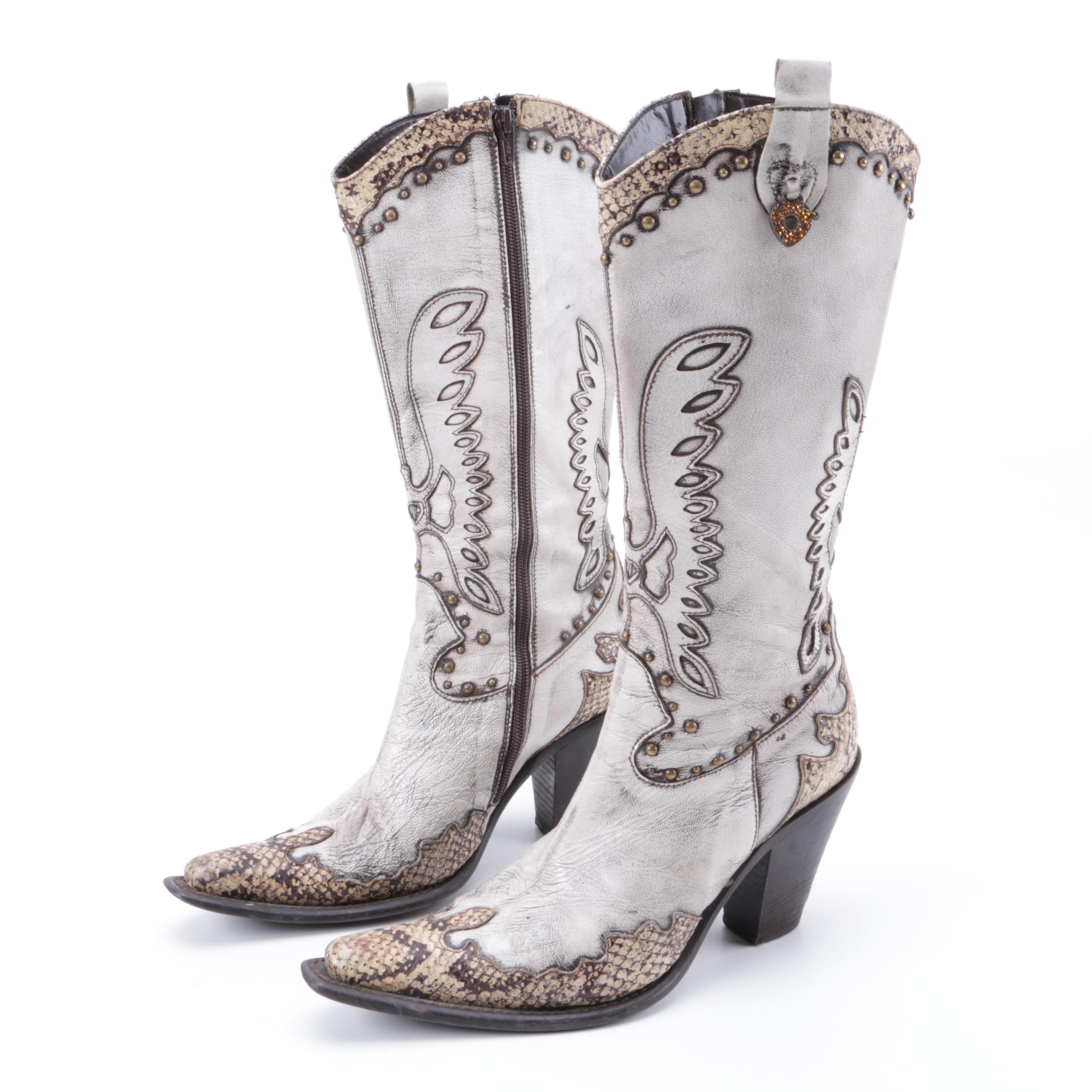 Grey Leather Cowgirl Boots