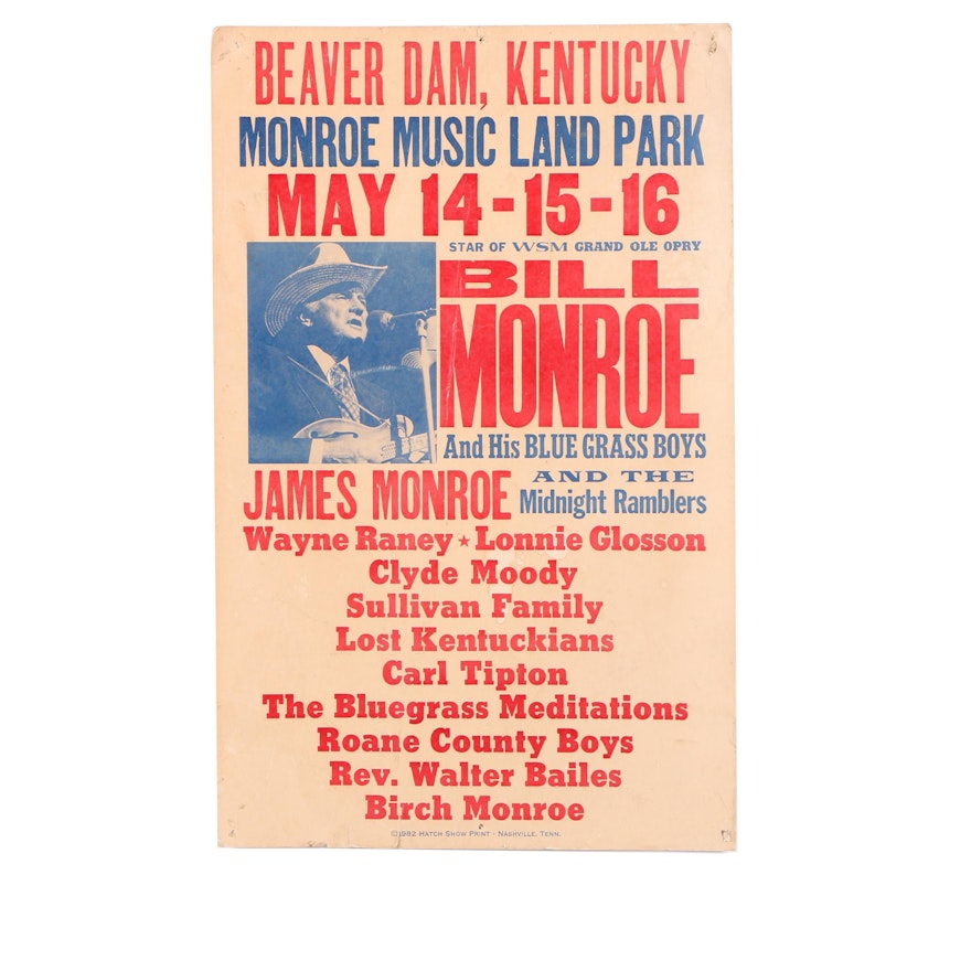 1982 Hatch Show Print Bill Monroe and His Bluegrass Boys Concert Poster