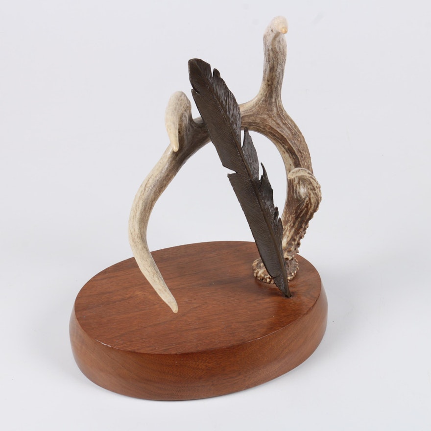 Deer Antler and Metal Feather Sculpture