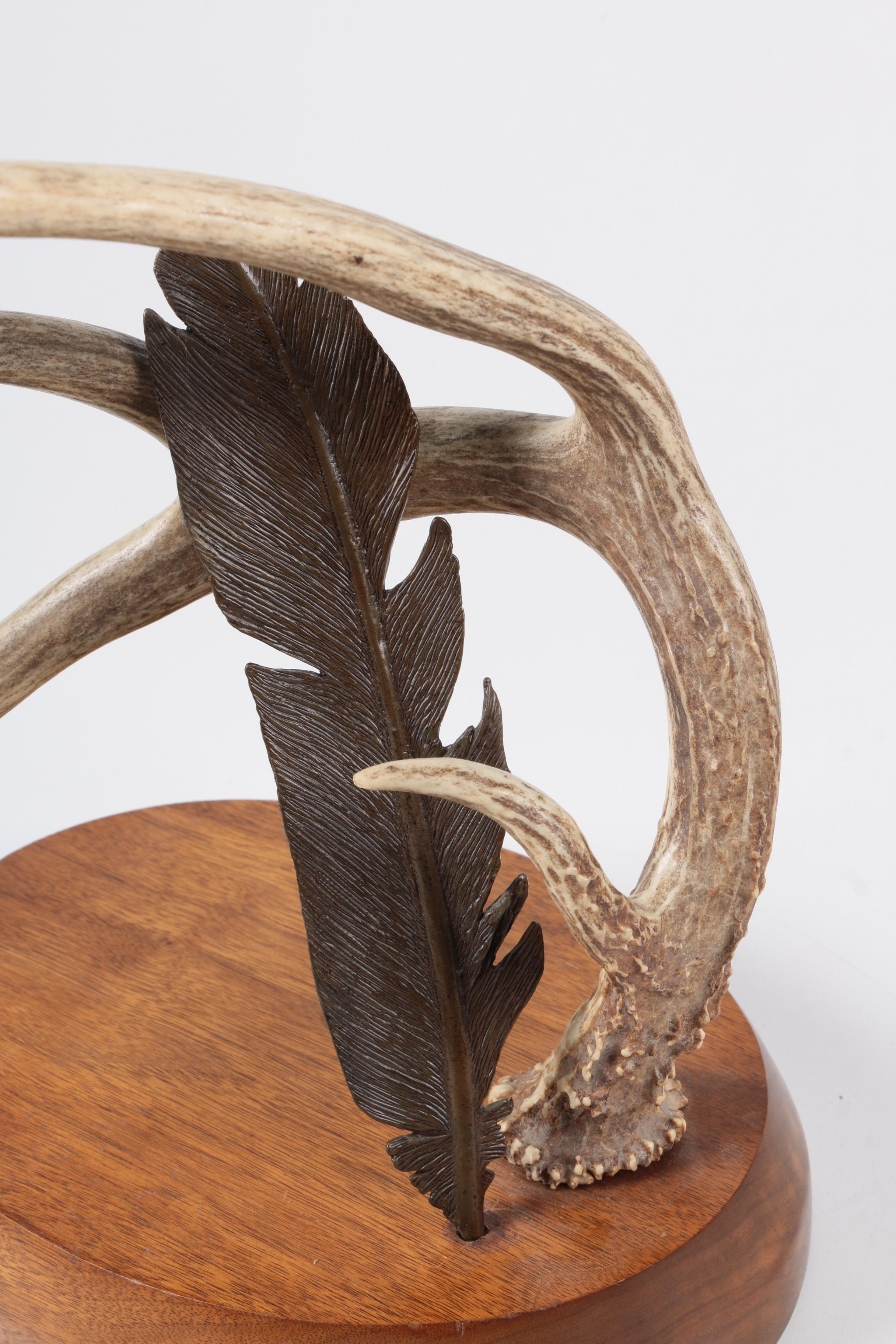 Deer Antler and Metal Feather Sculpture