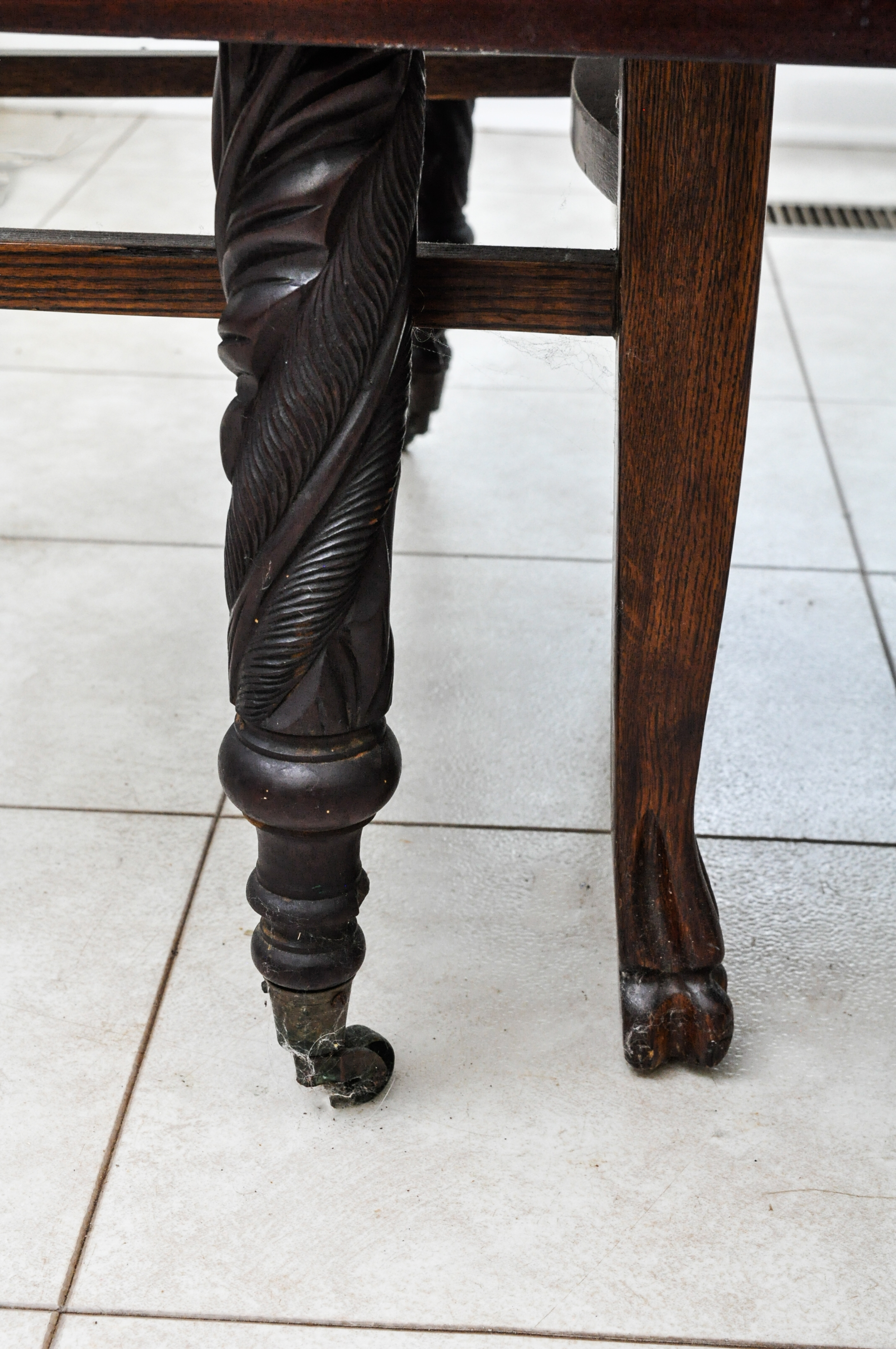 Antique American Late Federal Carved Mahogany Table with Two Oak Chairs