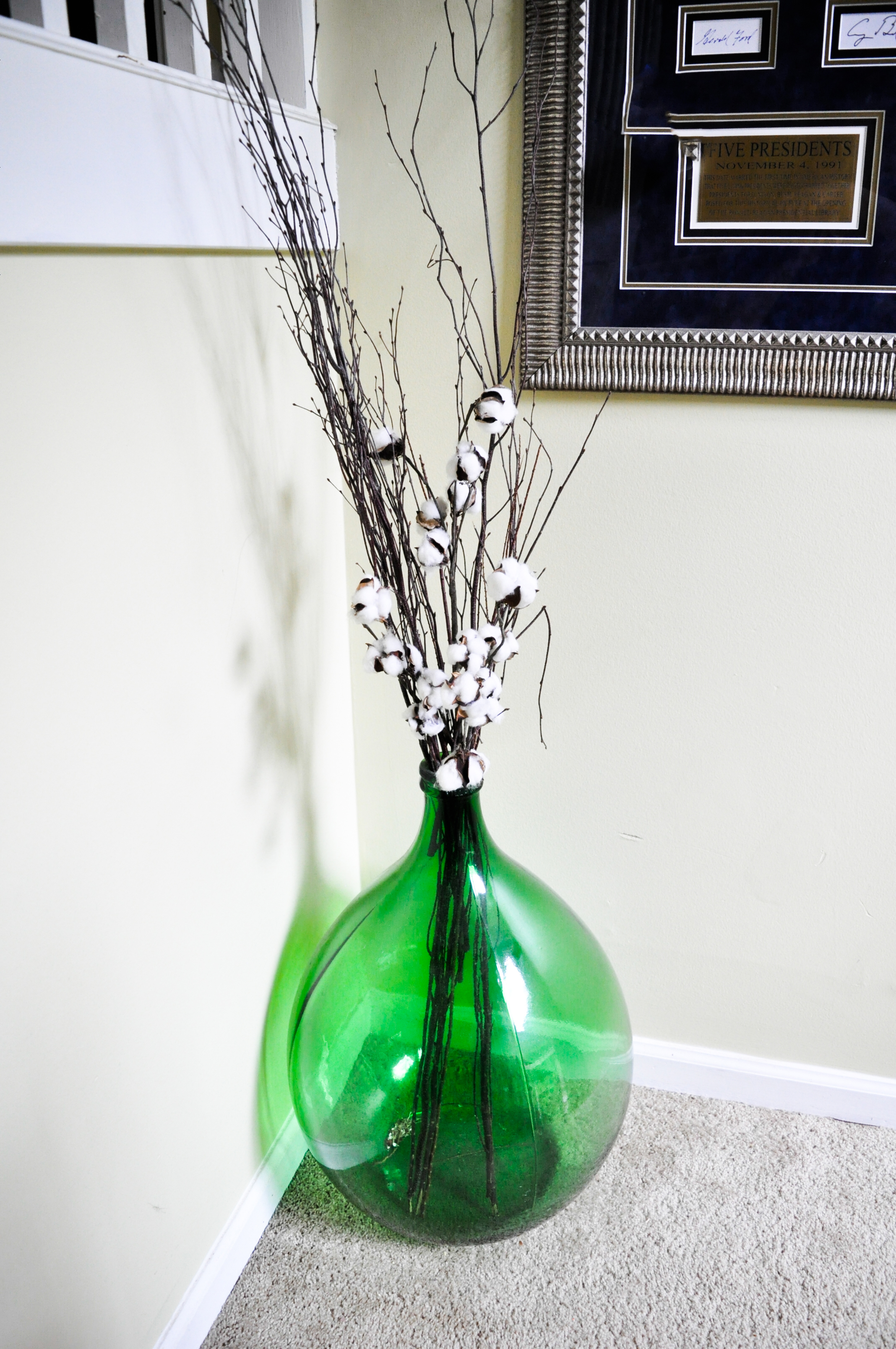 Large Green Pressed Glass Vase with Cotton Accents