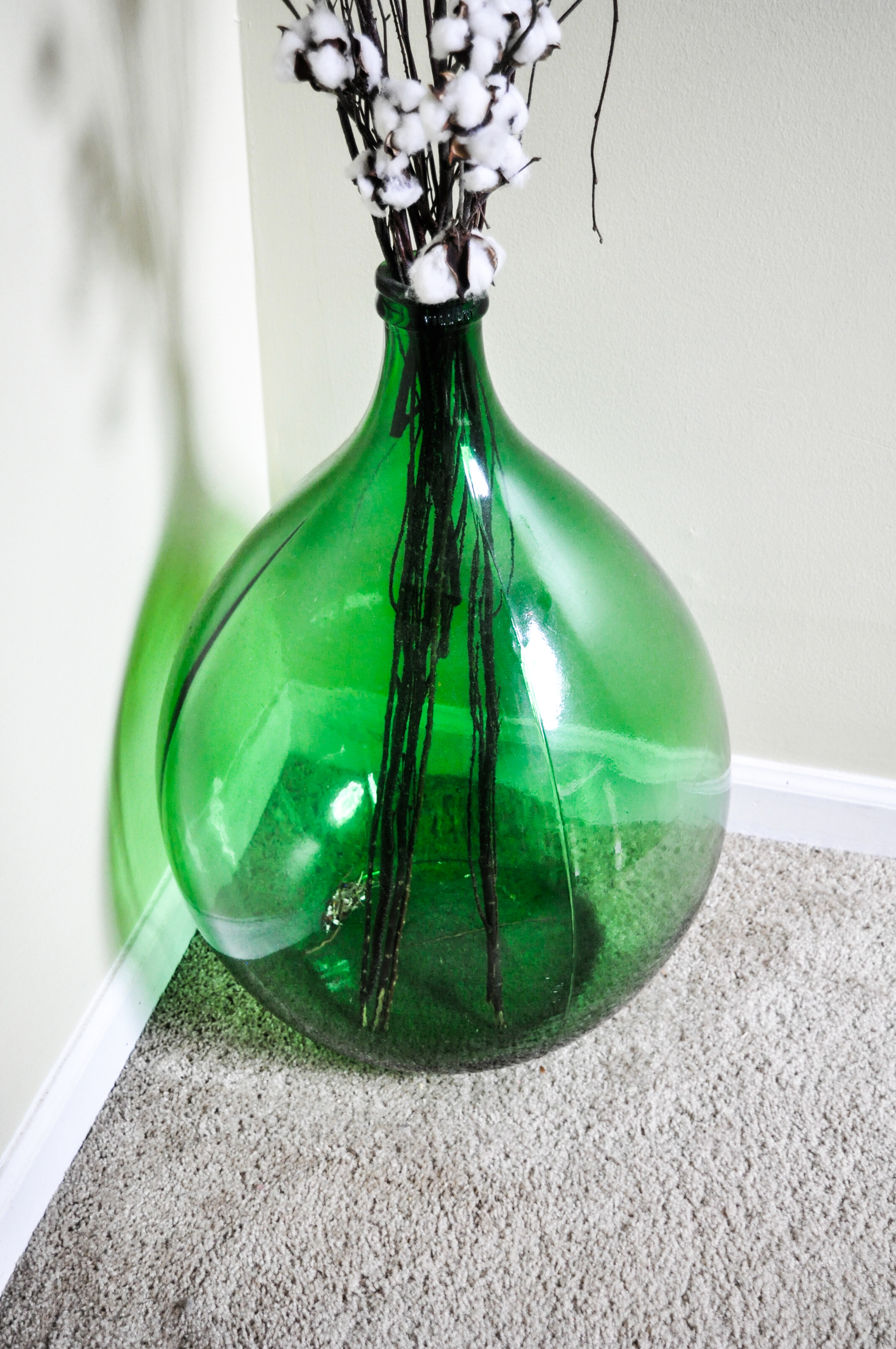 Large Green Pressed Glass Vase with Cotton Accents
