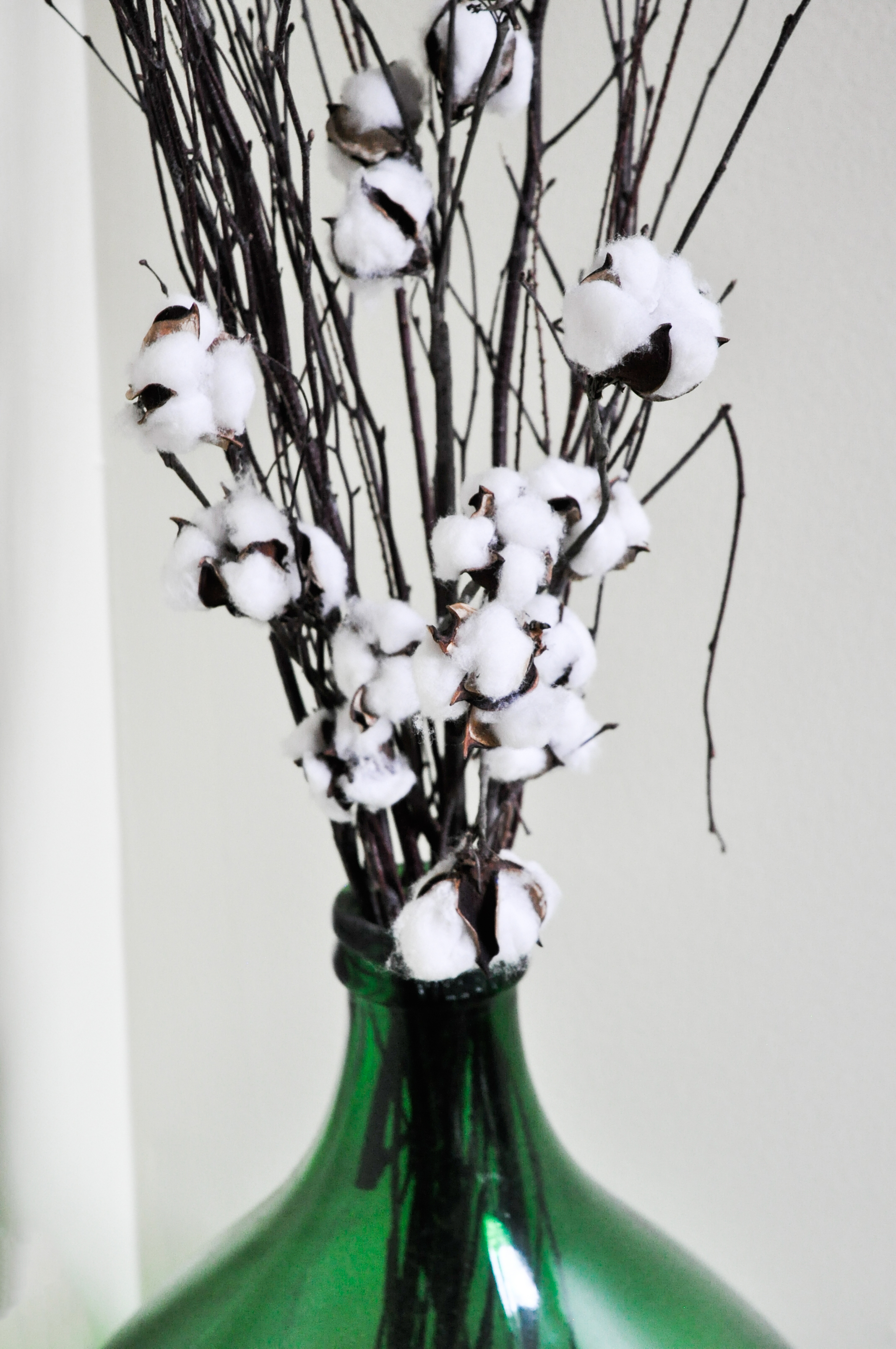 Large Green Pressed Glass Vase with Cotton Accents