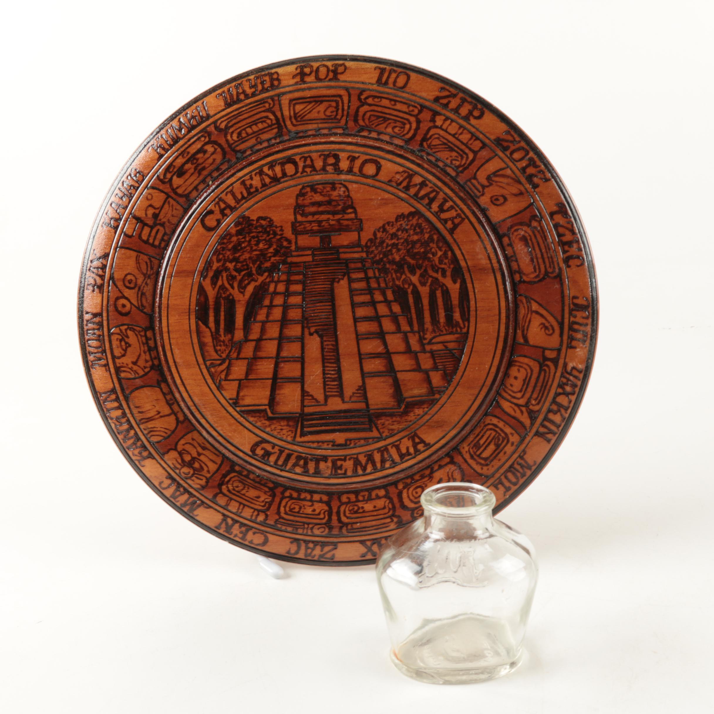Mayan Calendar Motif Wooden Platter and Small Glass Vase