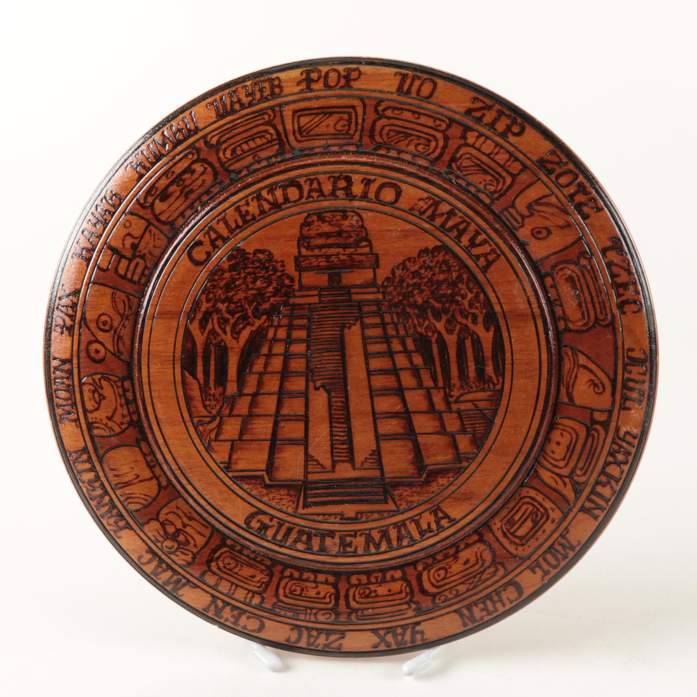 Mayan Calendar Motif Wooden Platter and Small Glass Vase