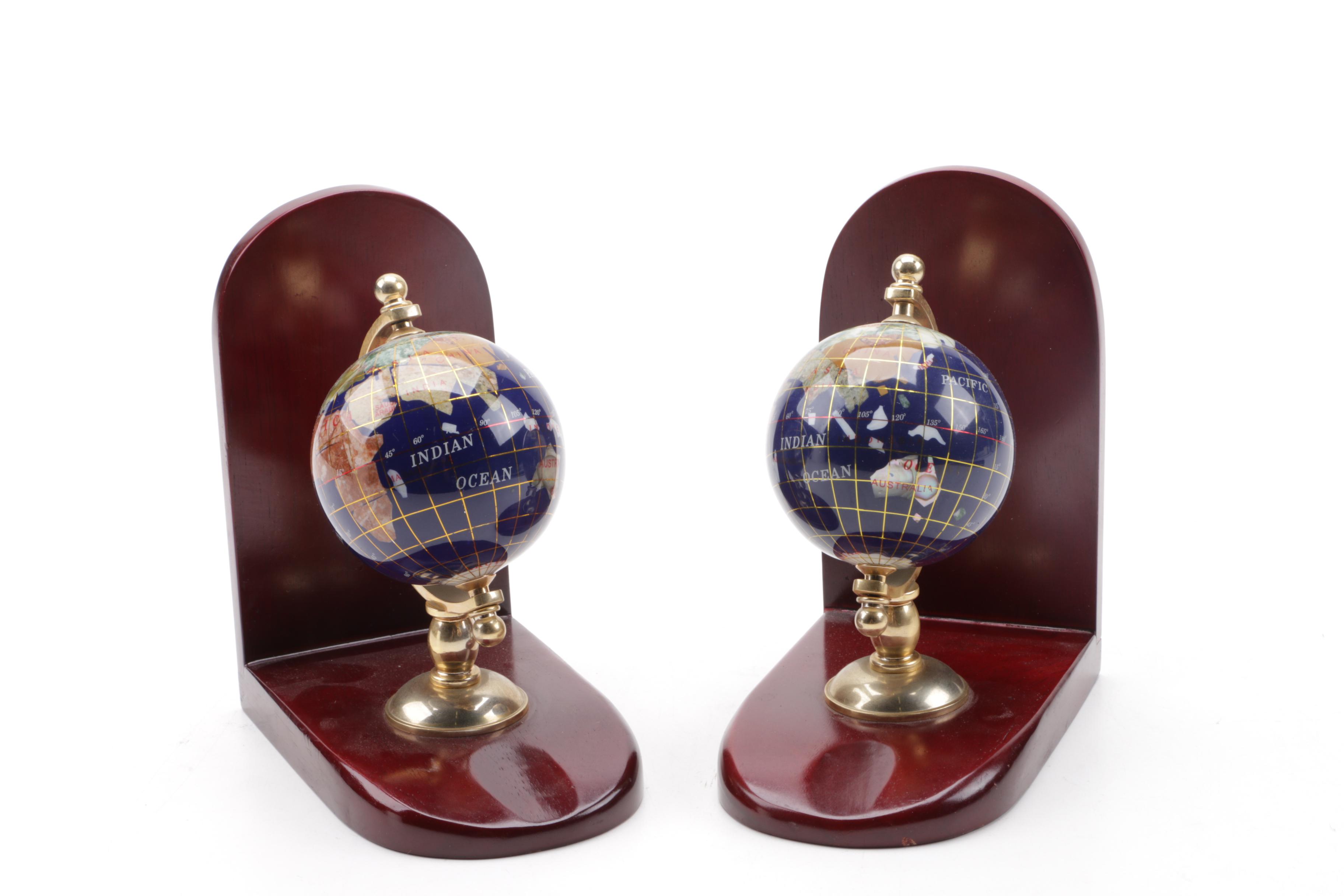 Decorative Stone Inlaid Globe Bookends
