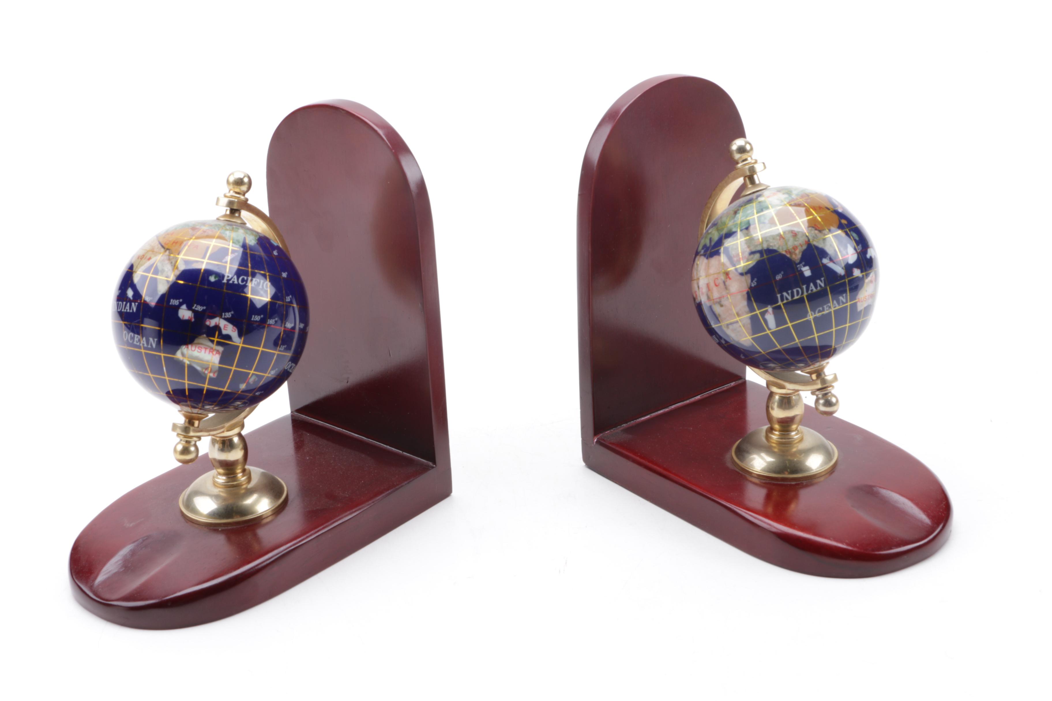 Decorative Stone Inlaid Globe Bookends