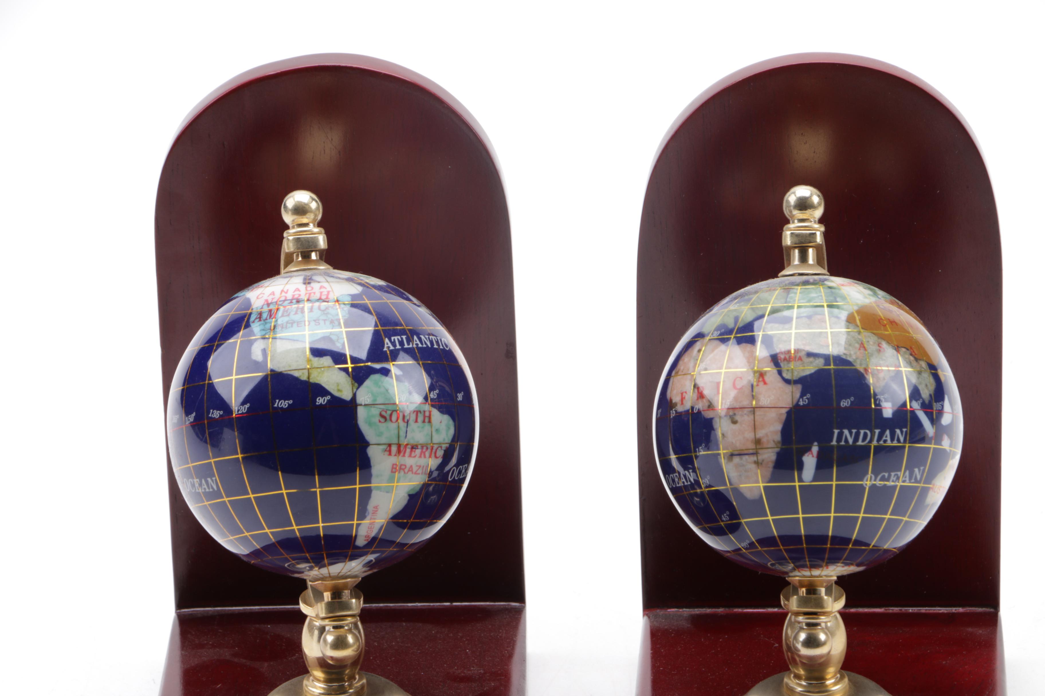 Decorative Stone Inlaid Globe Bookends