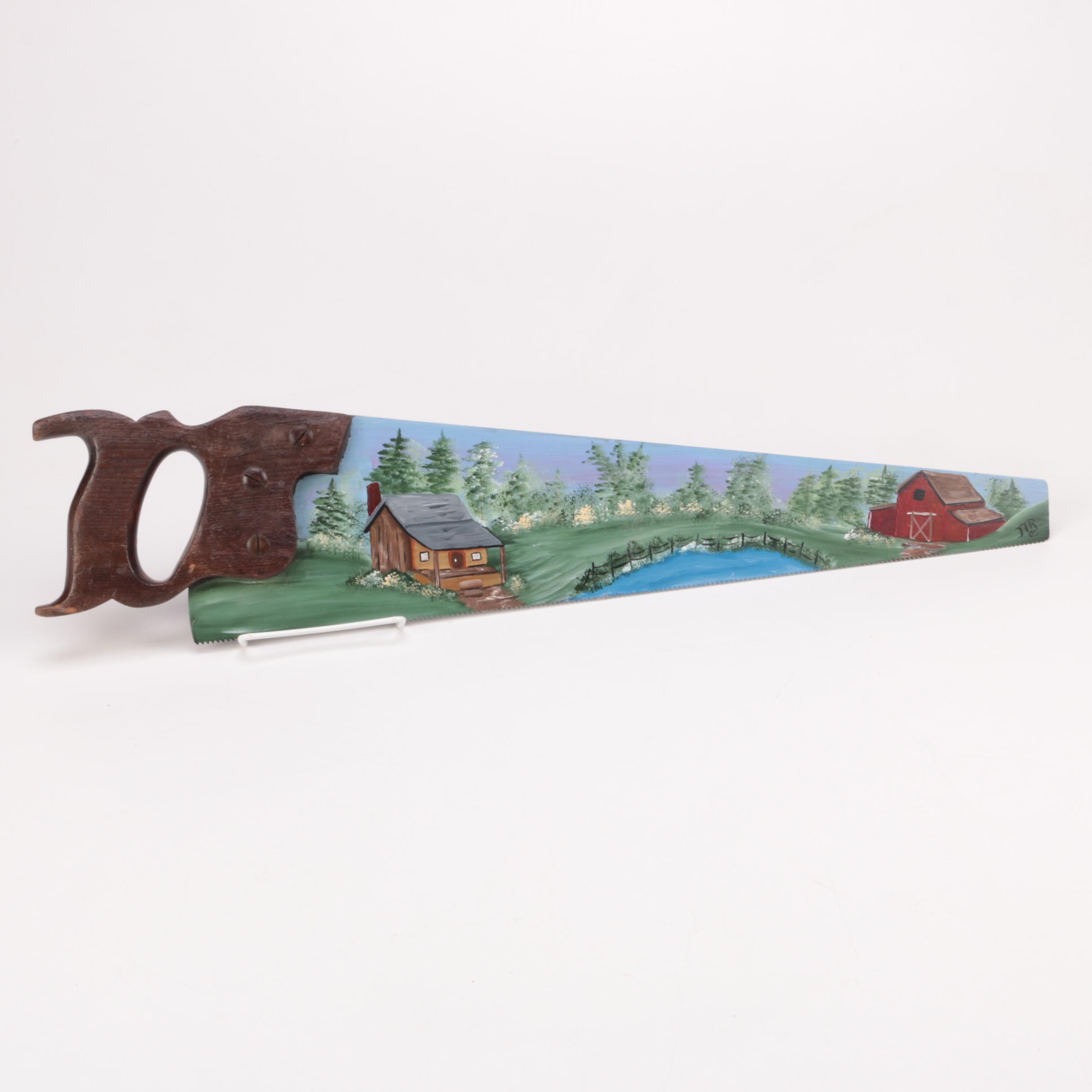 JTR Painting of a Farm Scene on a Handsaw