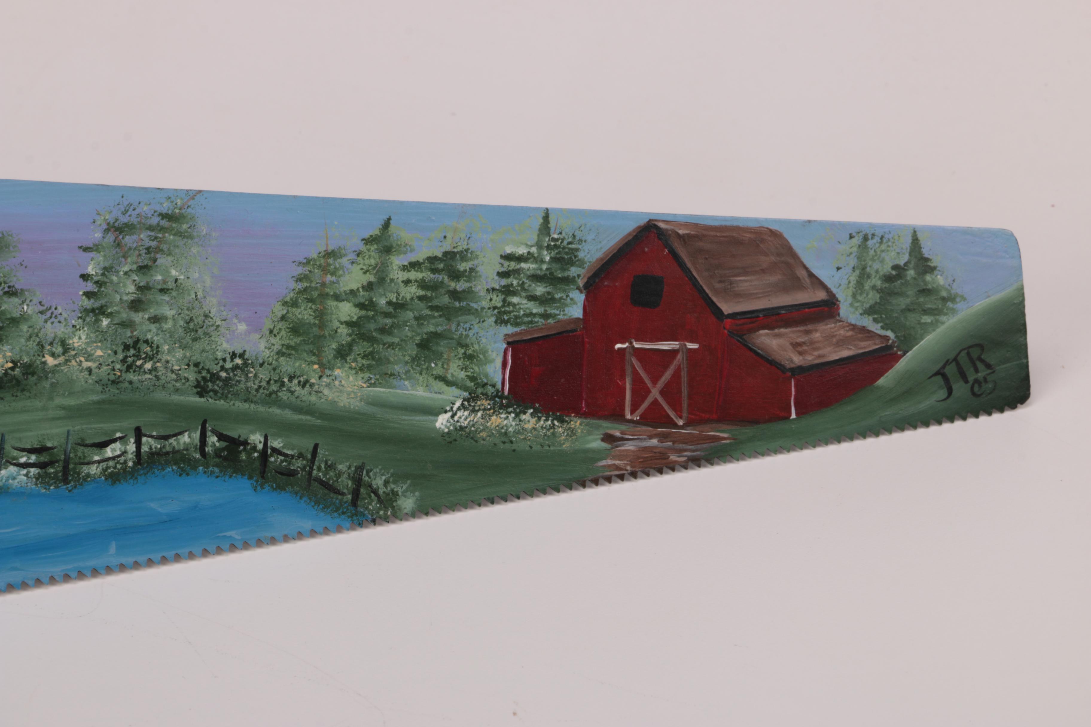 JTR Painting of a Farm Scene on a Handsaw