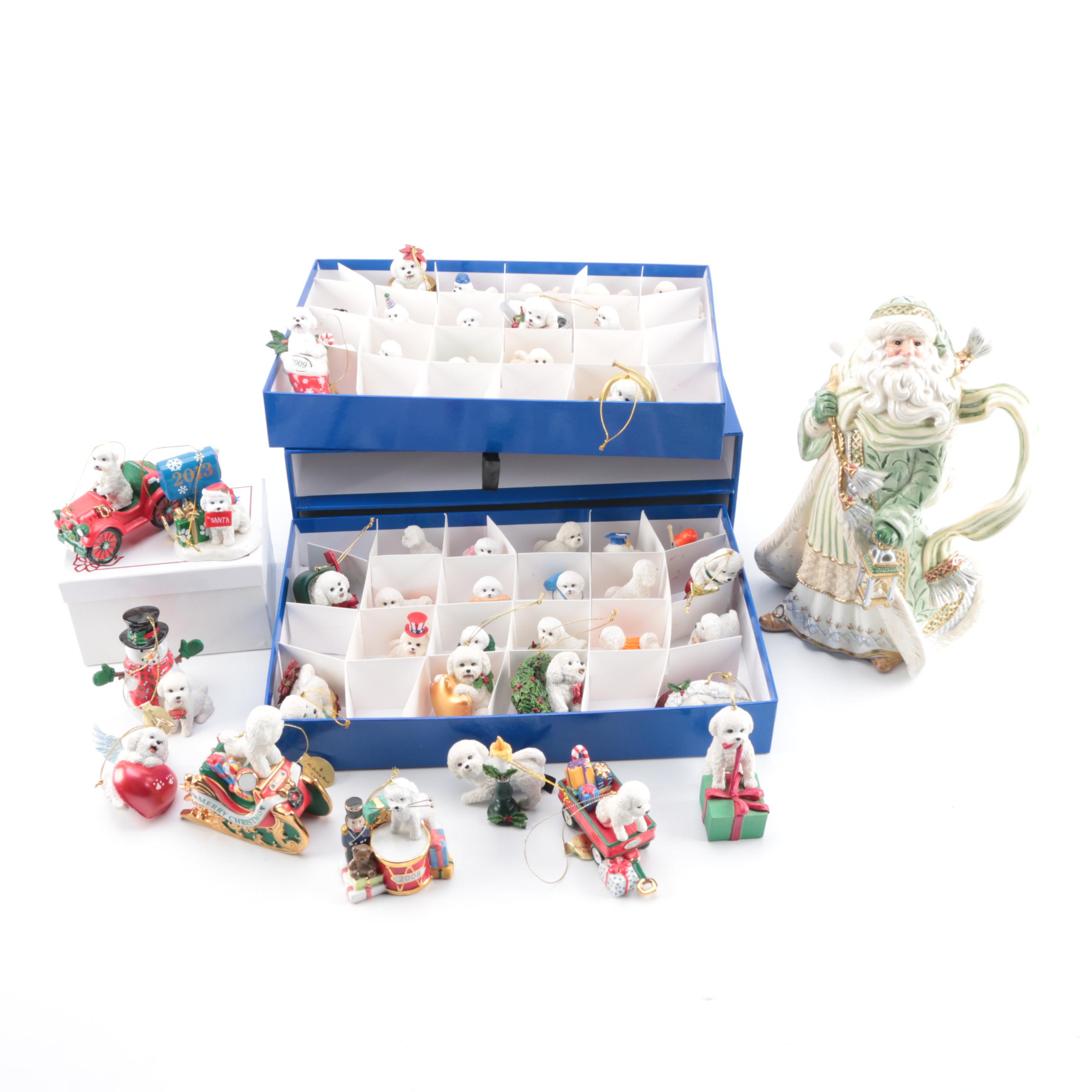 Bichon Frise Dog Ornaments and Fitz and Floyd Santa Pitcher