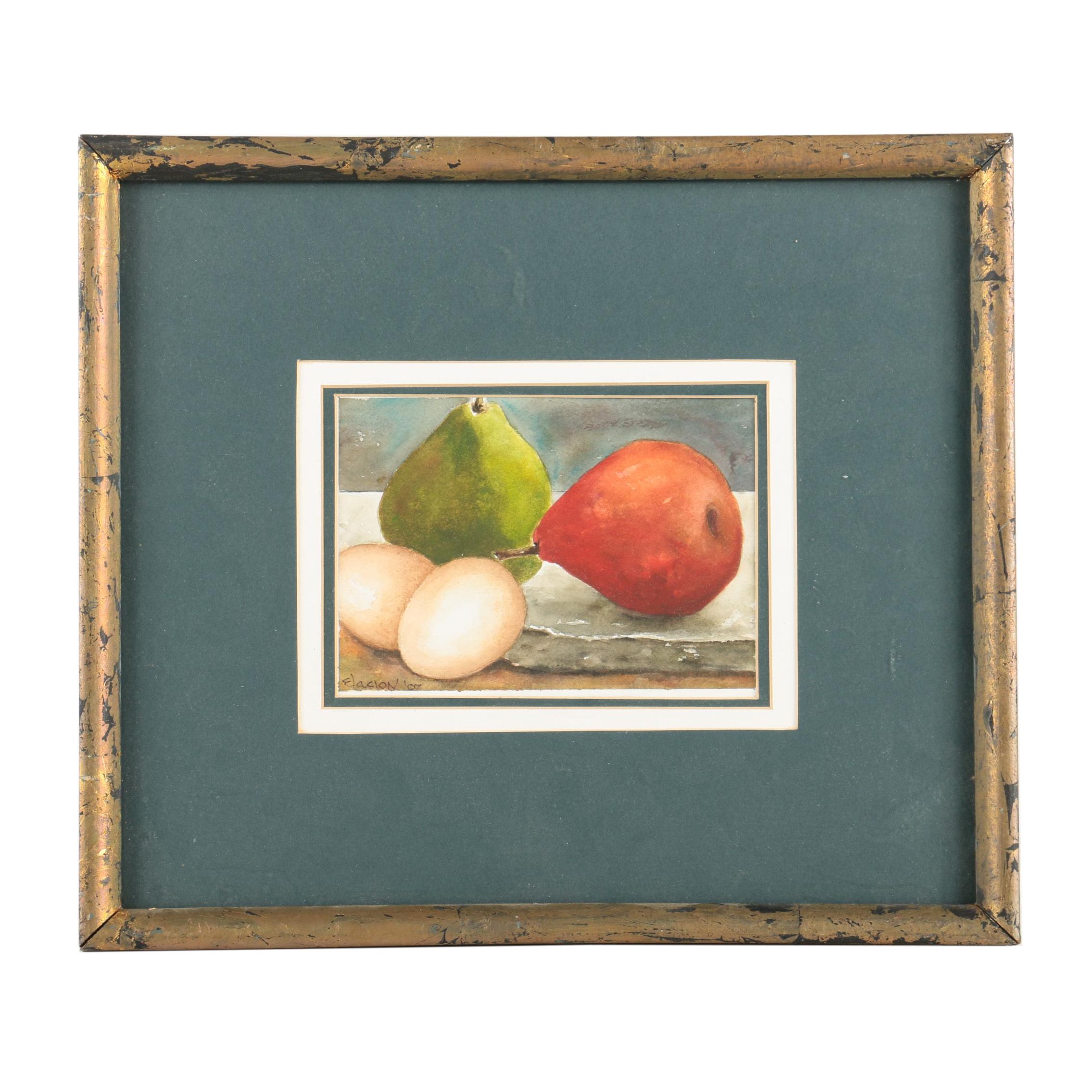 Anthony S. Elacion Watercolor Painting Still Life of Fruit and Eggs
