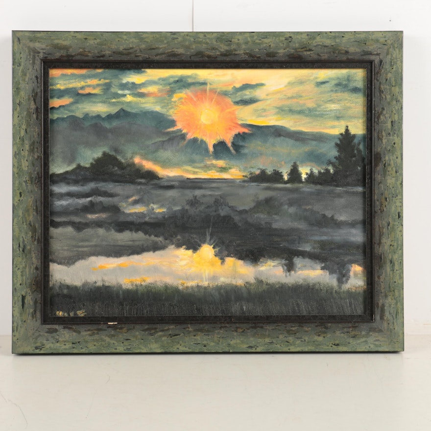 Signed Oil on Canvas Board Landscape Painting of a Sunset