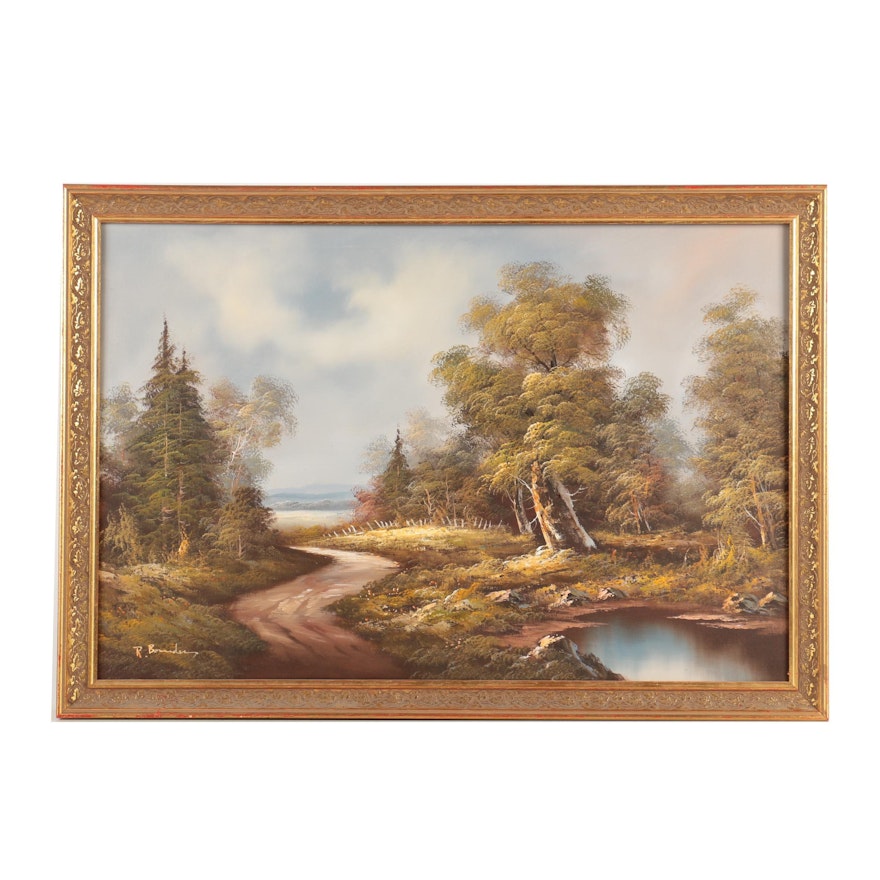 R. Bownder Oil Painting on Canvas of a Wooded Landscape