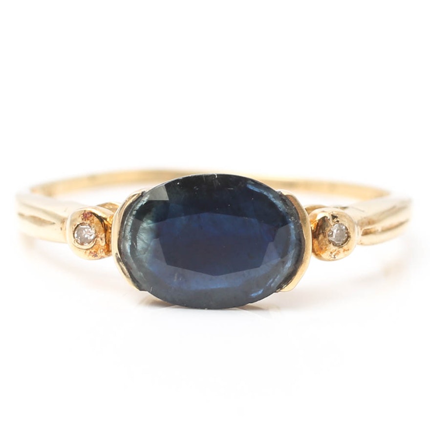 10K Yellow Gold Half Bezel Set Sapphire and Diamond Ring
