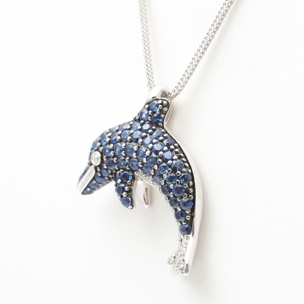 Na Hoku 14K White Gold Dolphin Pendant with Diamonds and Sapphires