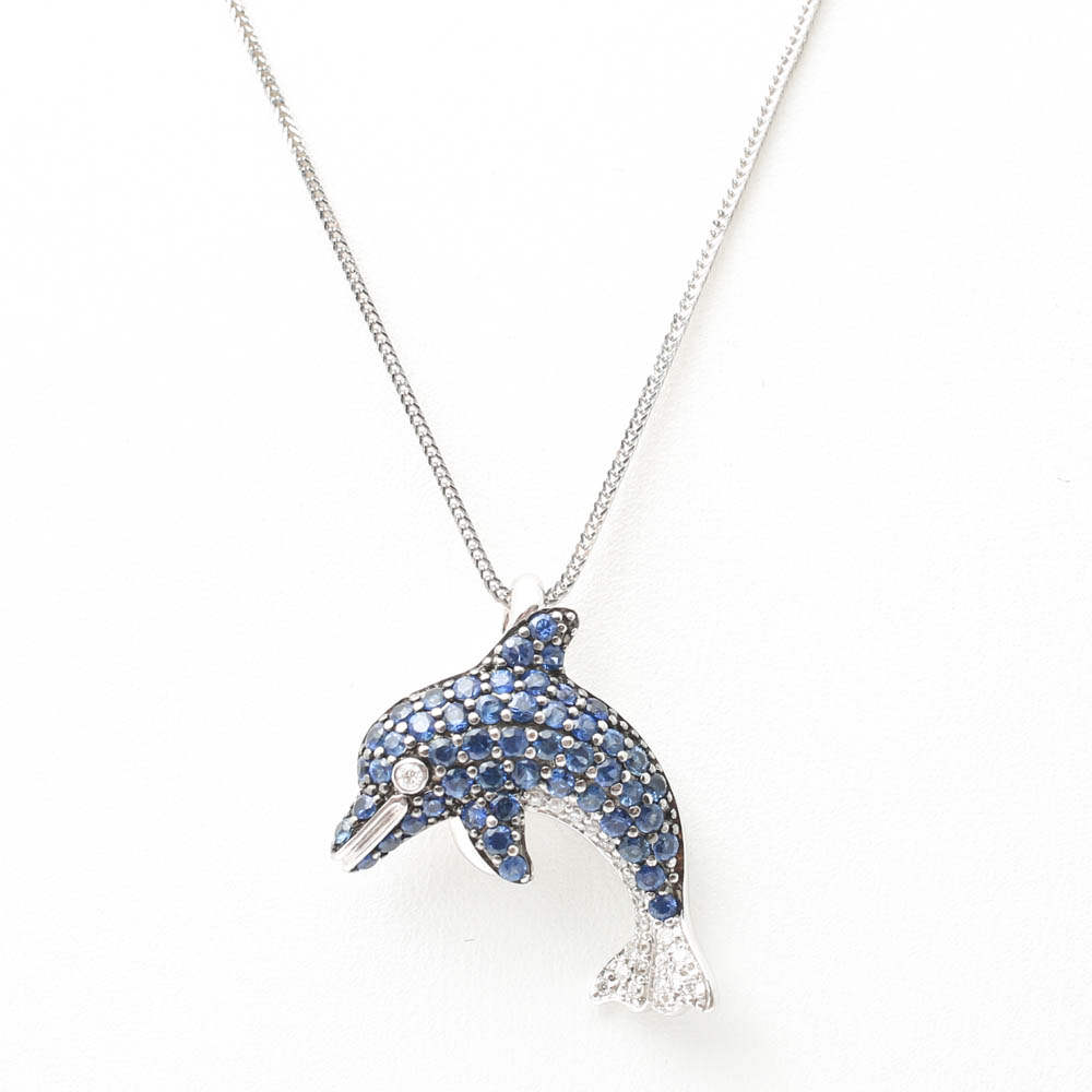 Na Hoku 14K White Gold Dolphin Pendant with Diamonds and Sapphires
