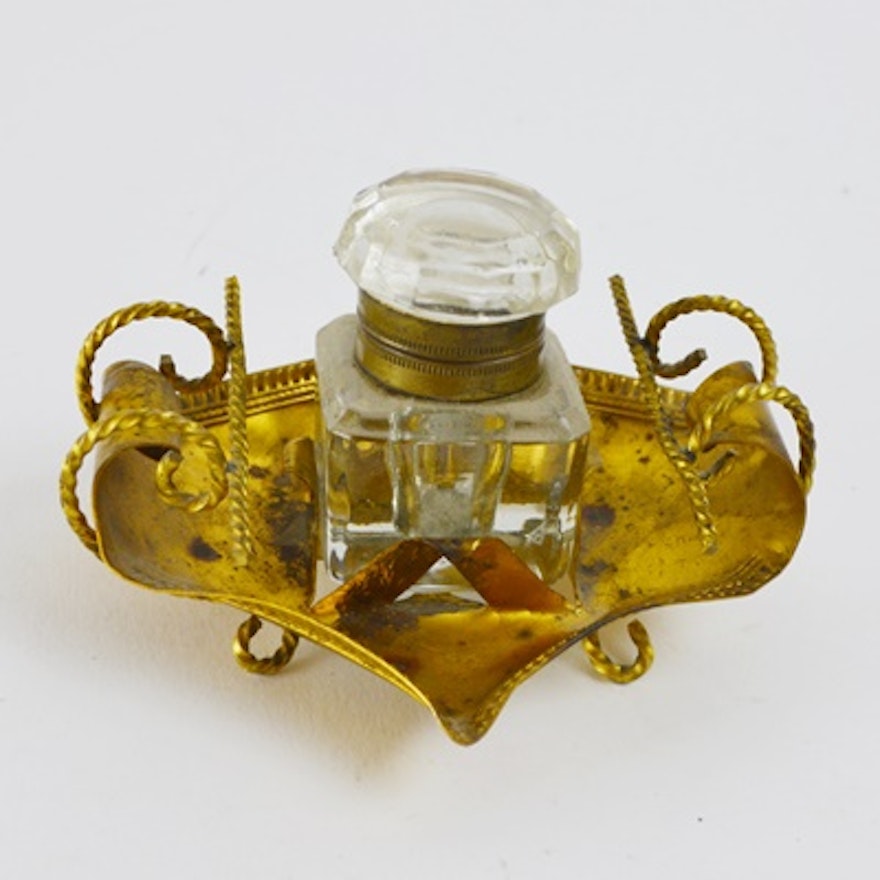 Vintage Glass Inkwell and Brass Tray