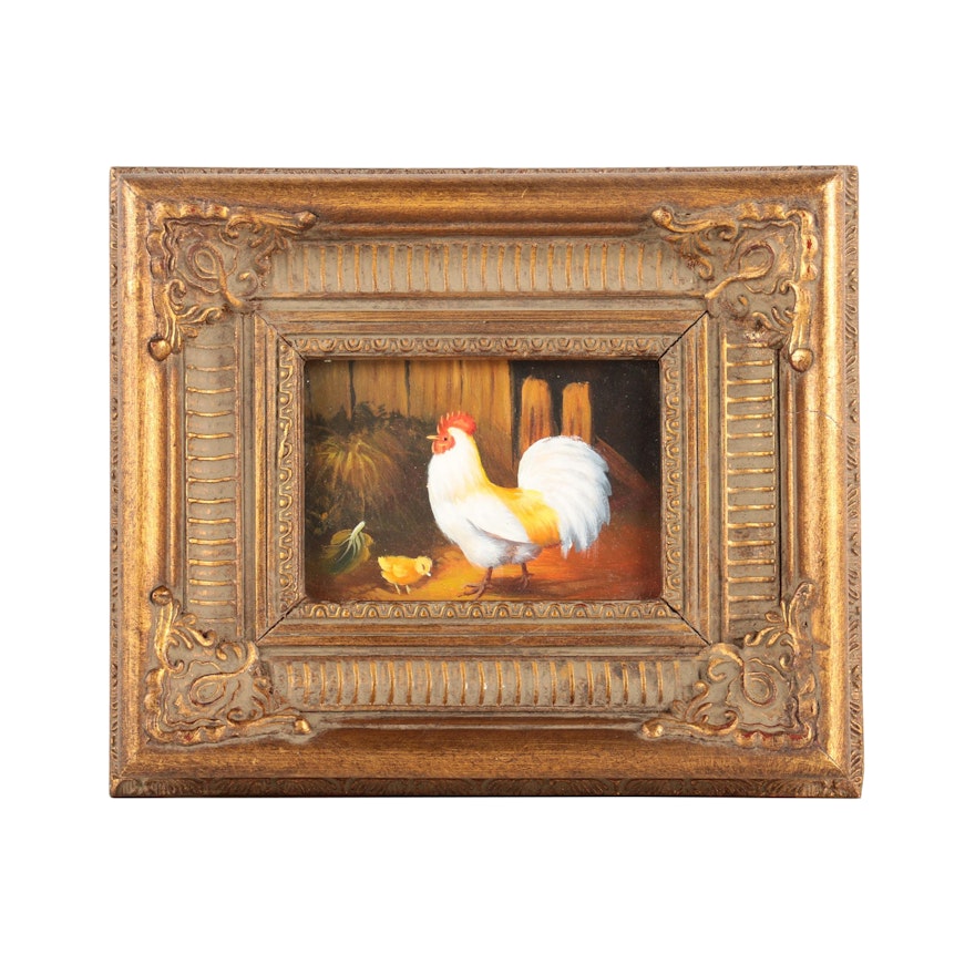 Oil Painting on Board of Rooster and Chick