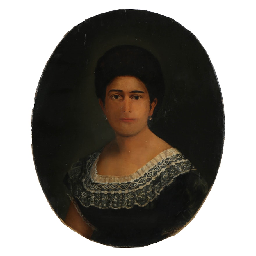 Early 19th-Century Oil Painting on Canvas Oval Portrait of a Woman