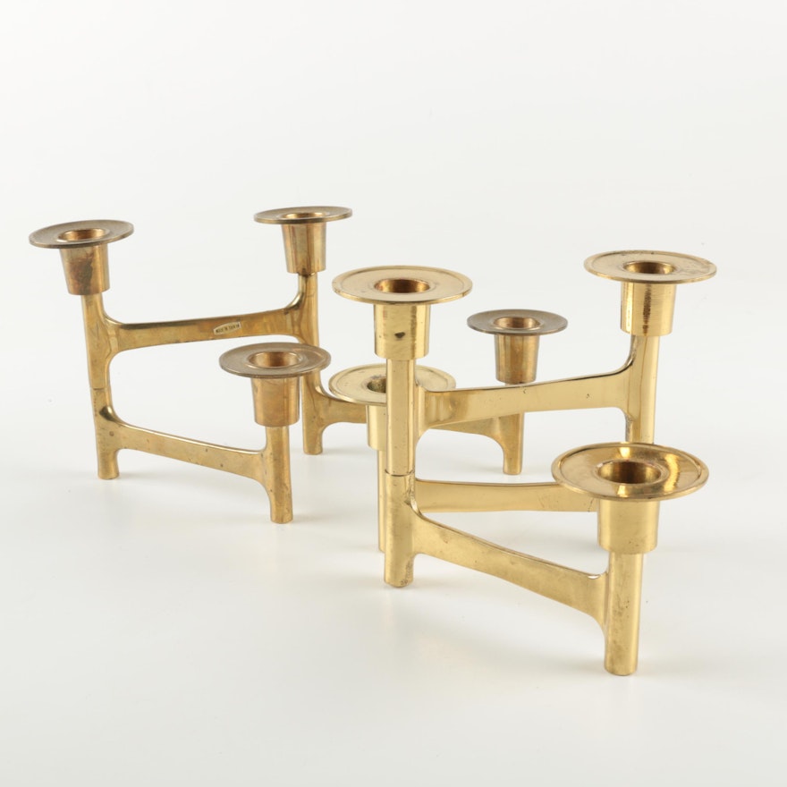 Pair of Mid Century Modern Style Brass-Toned Candle Holders