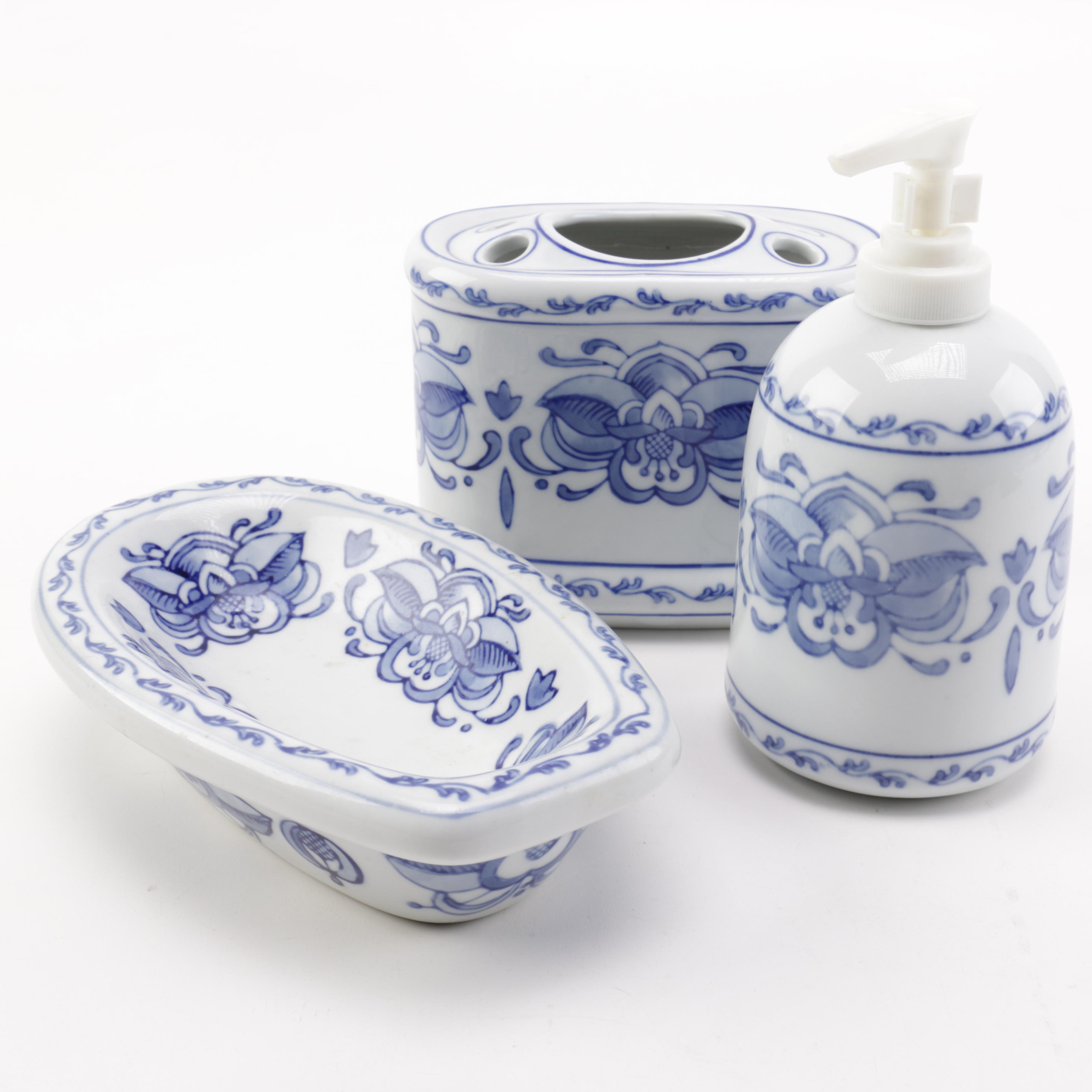 Blue Floral Motif Porcelain Bathroom Set