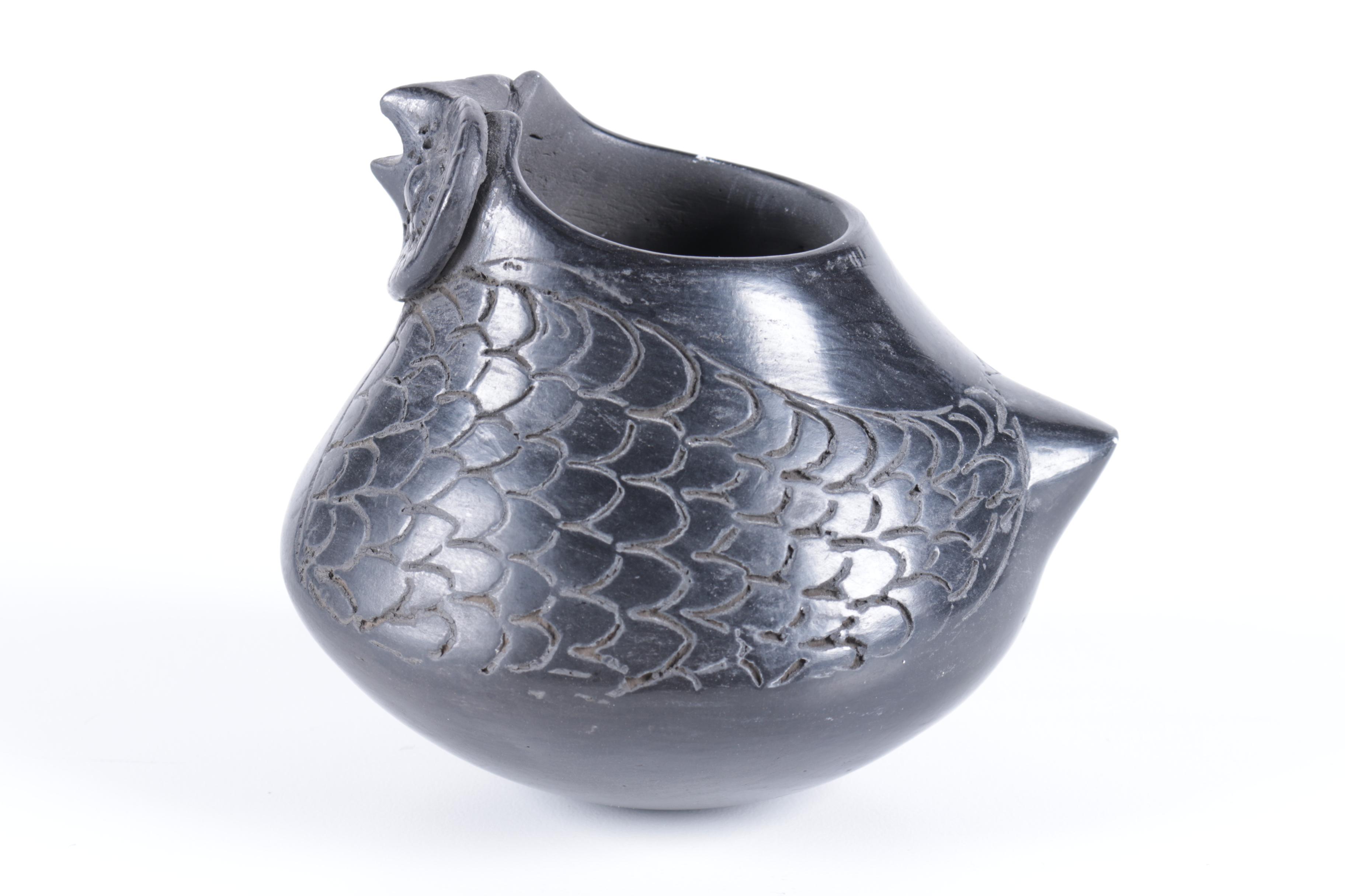 Pueblo Style Black Pottery Owl Vessel